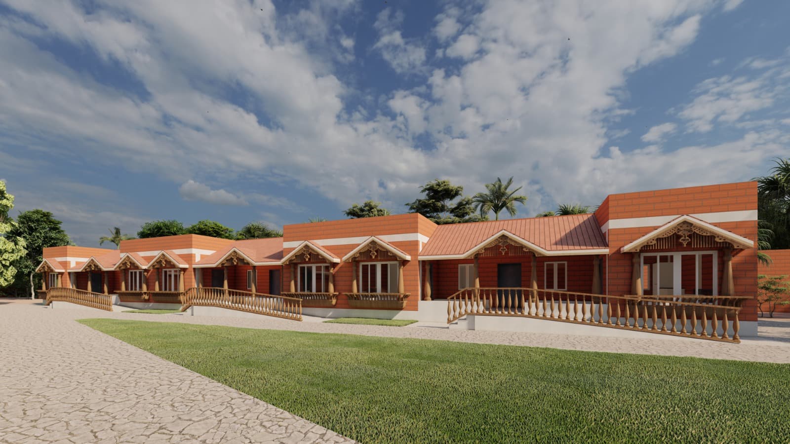 Exterior view of accommodation blocks surrounded by landscaped gardens at Aran Senior Living